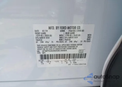 2019 Ford Edge Se z USA, uszkodzony, nr VIN 2FMPK4G96KBC49405